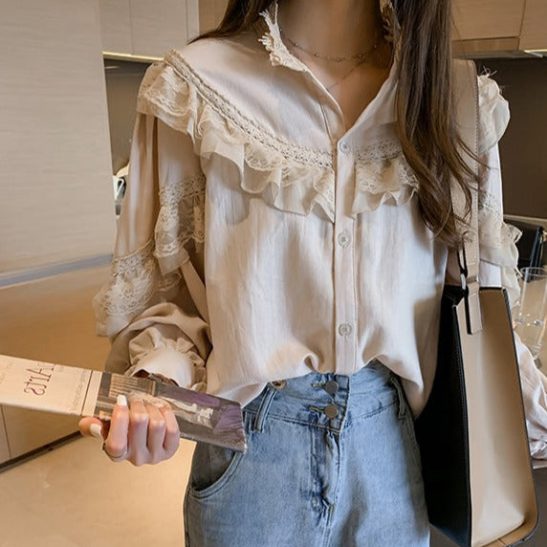 Women Autumn Lantern Long Sleeve Top Elegant Loose Shirt