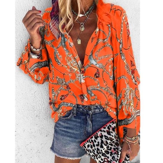 Women Blouse V-neck Long Sleeve Chains Print Loose