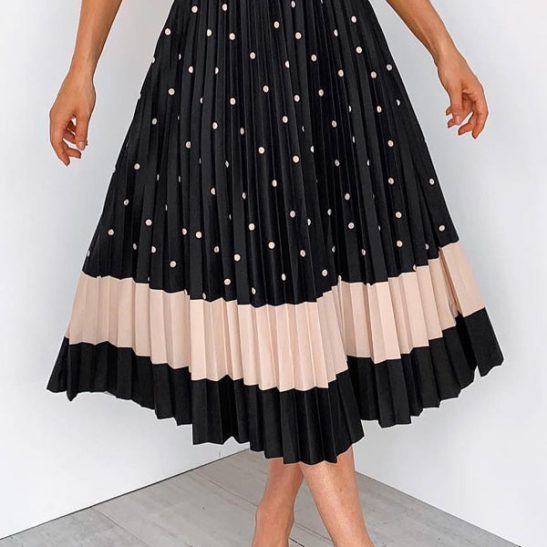Polka Dot Color Block Pleated Midi Dress Skirt