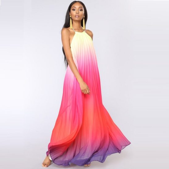Summer women chiffon dress Women Sexy Backless Halter Sleeveless Tye Dye Boho Long Maxi Dress Loose Beach Tunic Bohemian Dress