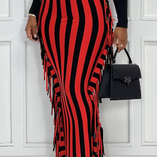 Stripe Print Tassels High Waist Maxi Skirts