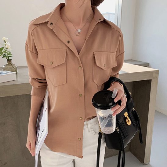 Single-Breasted Lapel Female Blouses White Shirts