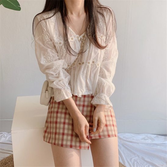 White Blouse Spring Hollow V-Neck Blouse Loose Ladies Shirt